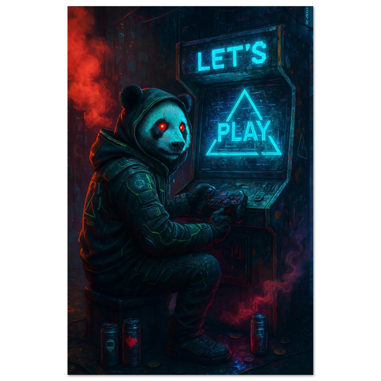 Panda cyberPunk gamer en Neon Street Metal print Aluminio y arte generativo 